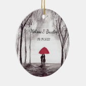 赤い傘の愛のカップル 新婚夫婦 結婚式 セラミックオーナメント (右)