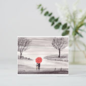 赤い傘の愛のカップル 水彩画のウェディング ポストカード (スタンド正面)