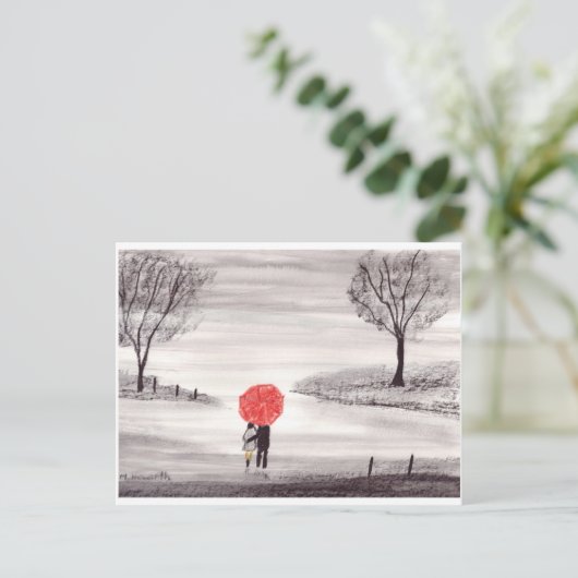 赤い傘の愛のカップル 水彩画のウェディング ポストカード (スタンド正面)