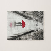 赤い傘の愛カップル水の色バレンタインデー ジグソーパズル (横)