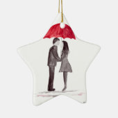 赤い傘の水色とロマンチックな愛のカップル セラミックオーナメント (右)