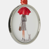 赤い傘の水色の犬かわいい女の子 メタルオーナメント (右)
