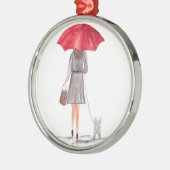 赤い傘の水色の犬かわいい女の子 メタルオーナメント (左)