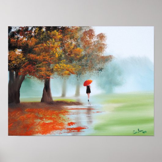 赤い傘の秋の風景画を持つ女性 ポスター (正面)