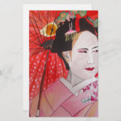 赤い傘の芸者オリジナルアート絵画 便箋 (正面/裏面)