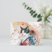 赤い傘を差した三毛猫の中国の花猫 ポストカード (スタンド正面)