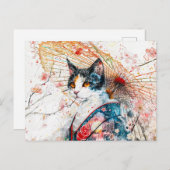 赤い傘を差した三毛猫の中国の花猫 ポストカード (正面/裏面)