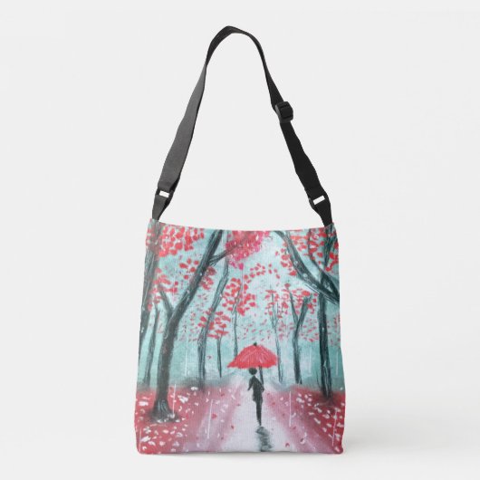 赤い傘を差した雨の中の人影 クロスボディバッグ (裏面)