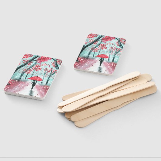 赤い傘を差した雨の中の人影 ハンドファン (組立なし)