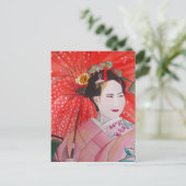赤い傘を持つ日本人ゲイシャのオリジナルアート ポストカード (スタンド正面)