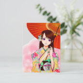 赤い傘付きピンクフローラの可愛い少女 ポストカード (スタンド正面)