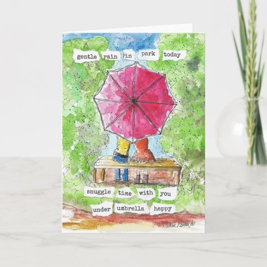 赤い傘、俳句、フォークアートプリント、かわいい カード (正面)