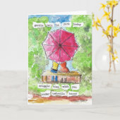 赤い傘、俳句、フォークアートプリント、かわいい カード (黄色い花)