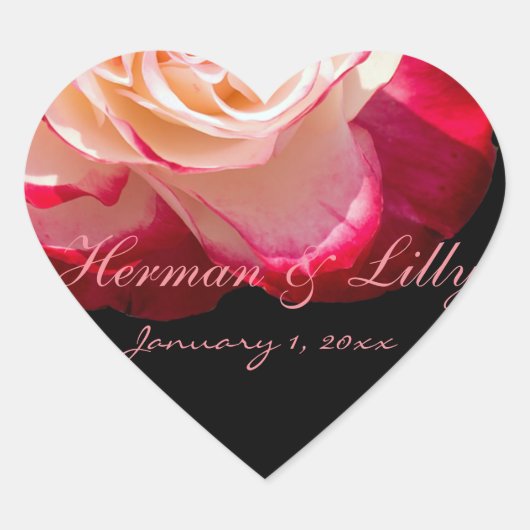 赤い先端の白いバラパーソナライズされたの結婚花 ハートシール (正面)