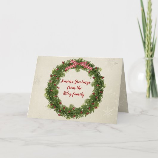 赤い光と弓を持つクリスマスパインリース カード (正面)