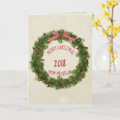 赤い光を持つクリスマスパインリース カード (黄色い花)