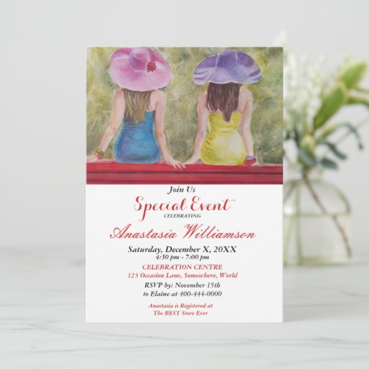 赤い公園のベンチでのパーティーのお誘い ガールズが思い出に浸る 招待状 (スタンド正面)