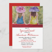 赤い公園のベンチでのパーティーのお誘い ガールズが思い出に浸る 招待状 (正面/裏面)