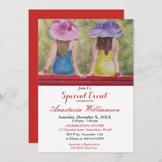 赤い公園のベンチでのパーティーのお誘い ガールズが思い出に浸る 招待状 (正面/裏面)