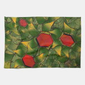 赤い六角形で彫られた黄色がかった仮想的な葉 キッチンタオル (横)