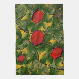 赤い六角形で彫られた黄色がかった仮想的な葉 キッチンタオル