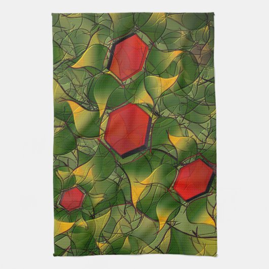 赤い六角形で彫られた黄色がかった仮想的な葉 キッチンタオル (縦)