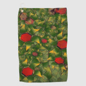 赤い六角形で彫られた黄色がかった仮想的な葉 ゴルフタオル (正面)