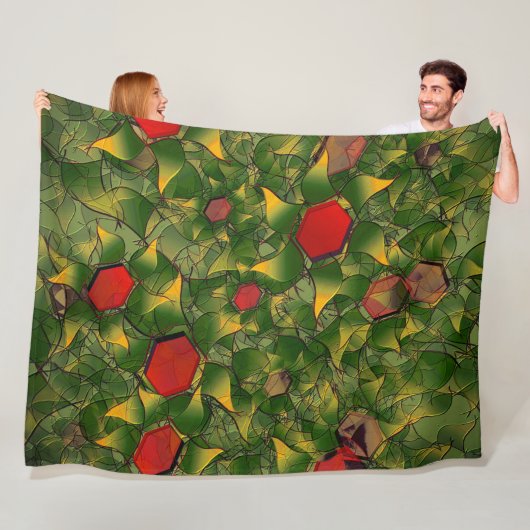 赤い六角形で彫られた黄色がかった仮想的な葉 フリースブランケット (インサイチュ)
