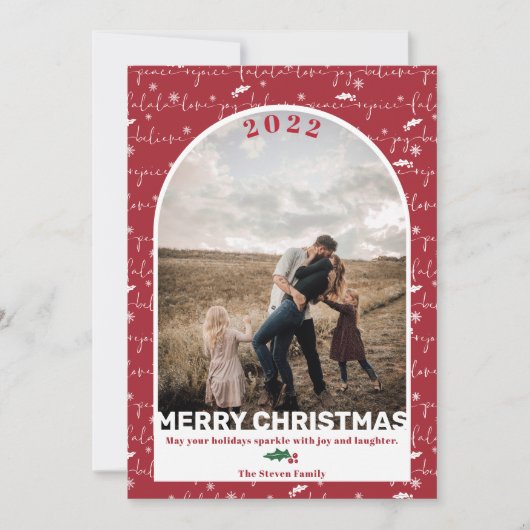 赤い写モダン真アーチクリスマスことわざ シーズンカード (正面)