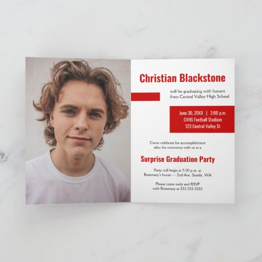 赤い写真のブロックの卒業式 招待状 (内部)