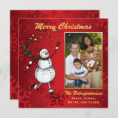赤い写真のホリデーグリーティング 星の雪だるま シーズンカード (正面/裏面)
