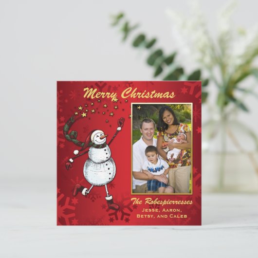 赤い写真のホリデーグリーティング 星の雪だるま シーズンカード (スタンド正面)