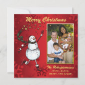 赤い写真のホリデーグリーティング 星の雪だるま シーズンカード (正面)