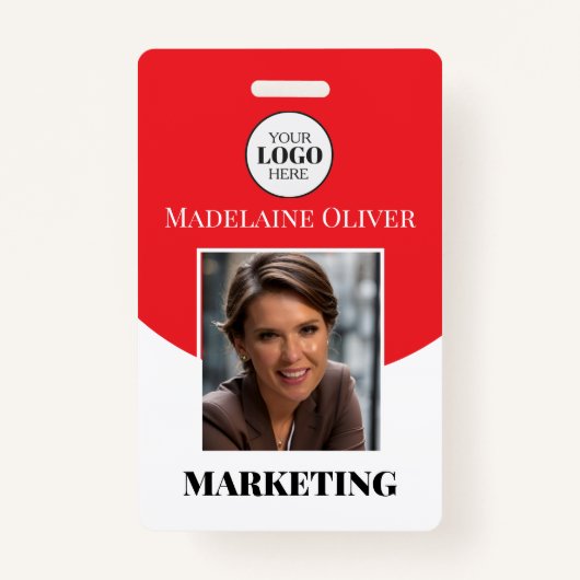 赤い写真のロゴとQRコードの従業員名 バッジ (正面)