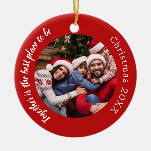 赤い写真の家族の引用文クリスマス セラミックオーナメント (正面)