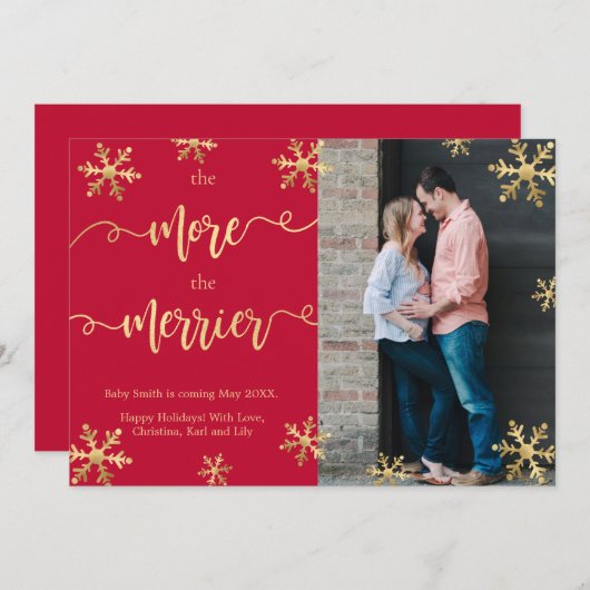 赤い写真クリスマス妊娠告知カード 案内状 (正面/裏面)
