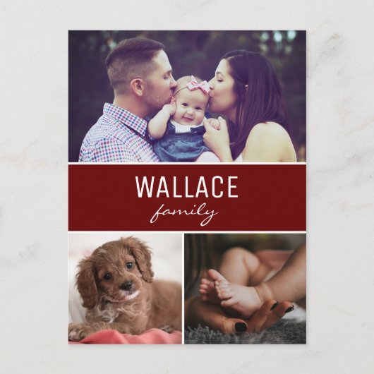 赤い写真パーソナライズされたコラージュのクリスマス ポストカード (正面)