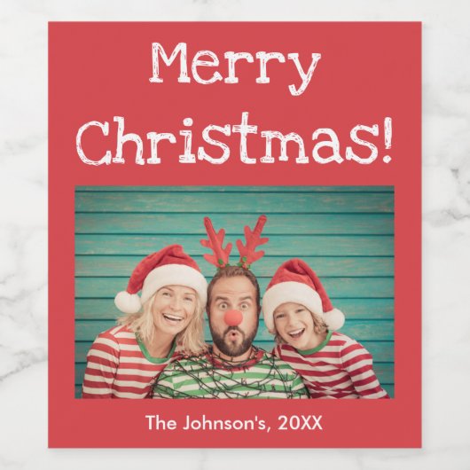 赤い写真メリークリスマスの名前でおもしろいフォント ワインラベル (シングルラベル)