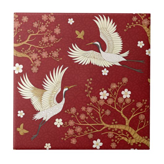 赤い冠の鶴と桜の模様 (1) タイル (正面)