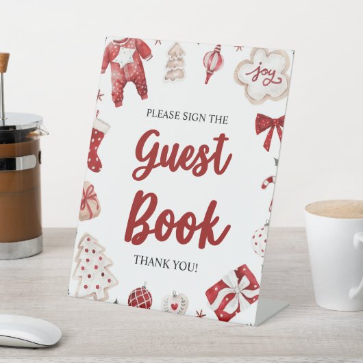 赤い冬のクリスマスゲストブックベビーシャワーサイン 台座サイン (インサイチュ)