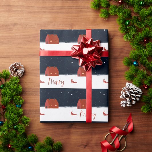赤い冬のコテージの雪の降るクリスマスパターン ラッピングペーパー (クリスマスギフト)