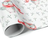 赤い冬のスカーフのかわいい水色フクロウ ラッピングペーパー (ロールコーナー)