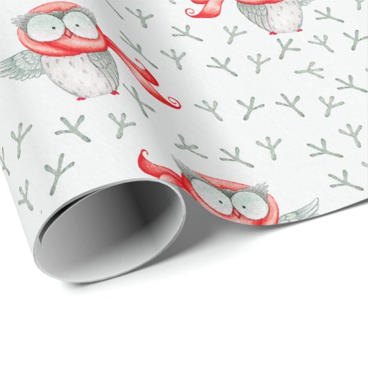 赤い冬のスカーフのかわいい水色フクロウ ラッピングペーパー (ロールコーナー)