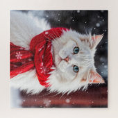 赤い冬のスカーフをした白猫 ジグソーパズル (横)