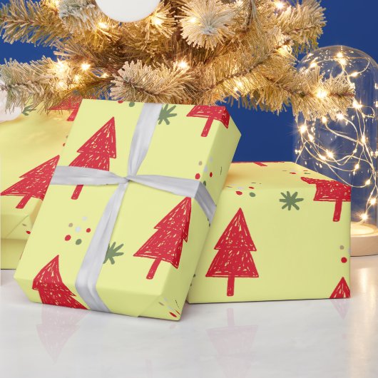 赤い冬のスノーフレークのクリスマスツリーシームレスパターン ラッピングペーパー (クリスマス)