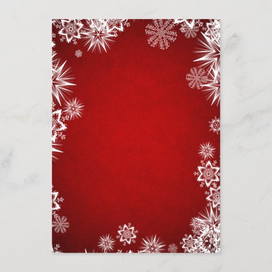 赤い冬のブライダルシャワーに白い雪の結晶 エンクロージャーカード (裏面)
