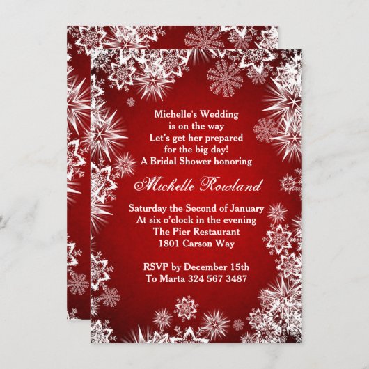 赤い冬のブライダルシャワーに白い雪の結晶 エンクロージャーカード (正面/裏面)