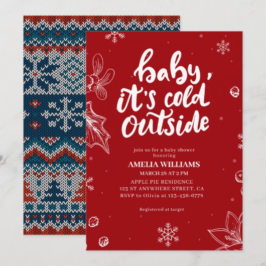 赤い冬のベビーシャワー "Baby its cold outside" 招待状 (正面/裏面)