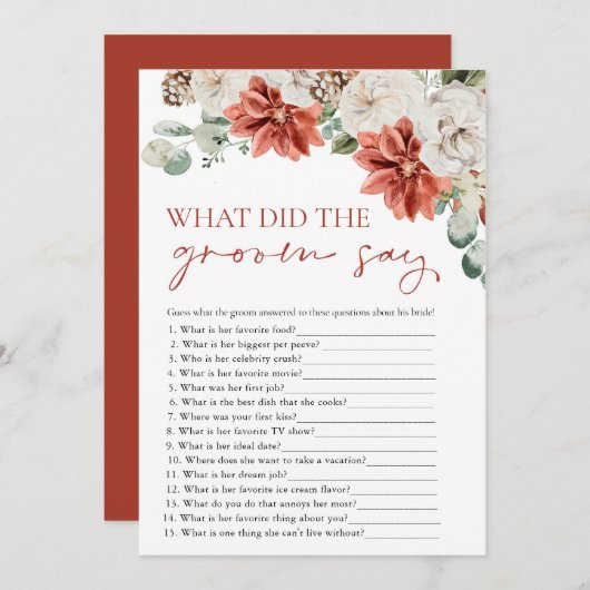 赤い冬の新郎はブライダルシャワーゲームを言った 招待状 (正面/裏面)