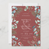 赤い冬の松の実とユーカリのウェディング 招待状 (正面)